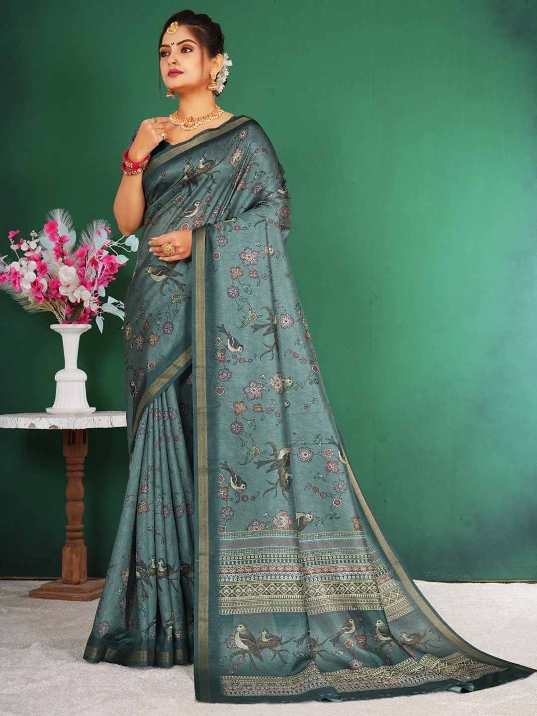 Graceful Dusty Teal Floral & Bird Motif Digital Printed Dola Silk Saree With Zari Weaving Border - Image 1