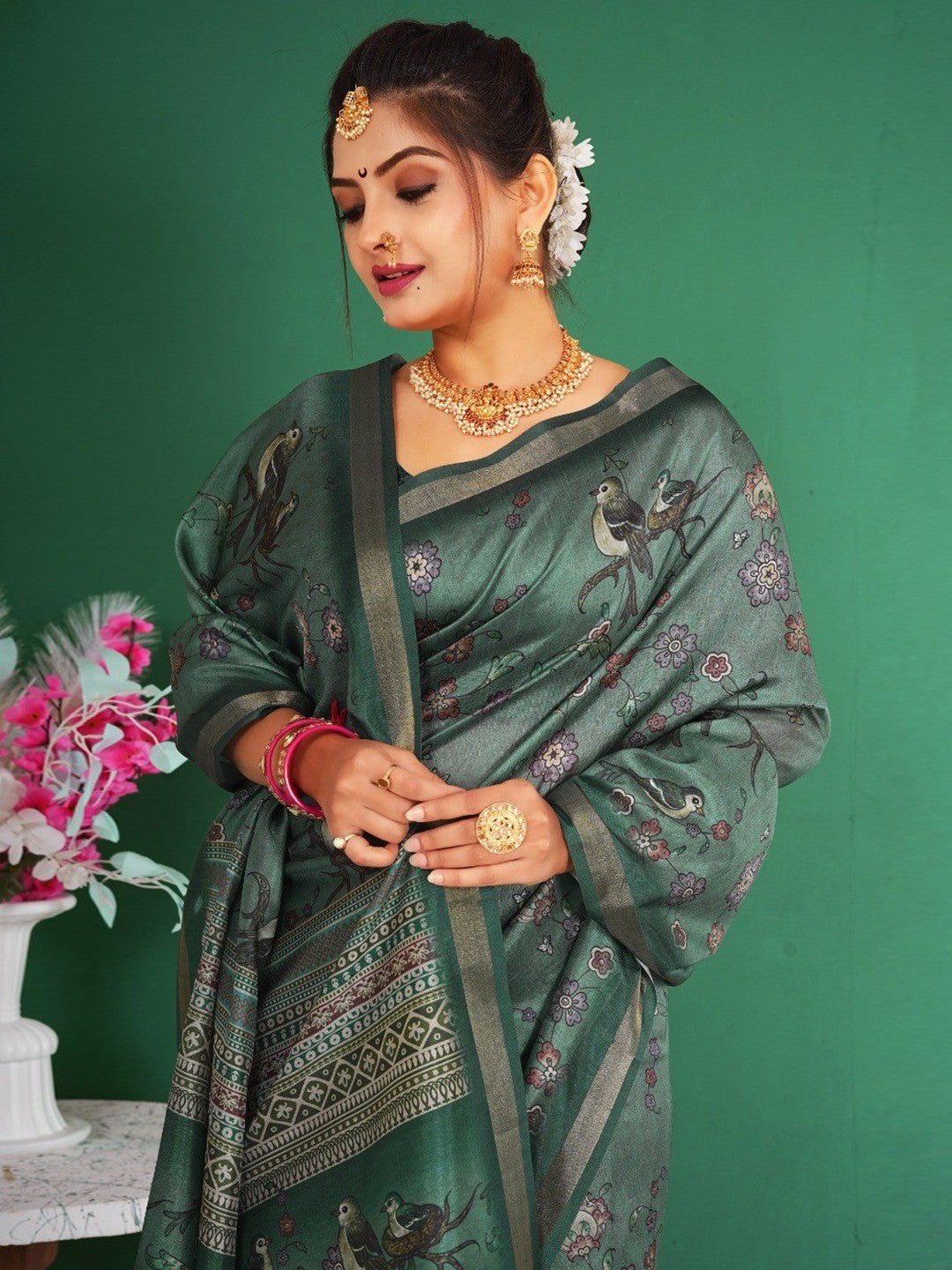Graceful Dusty Teal Floral & Bird Motif Digital Printed Dola Silk Saree With Zari Weaving Border - Image 3