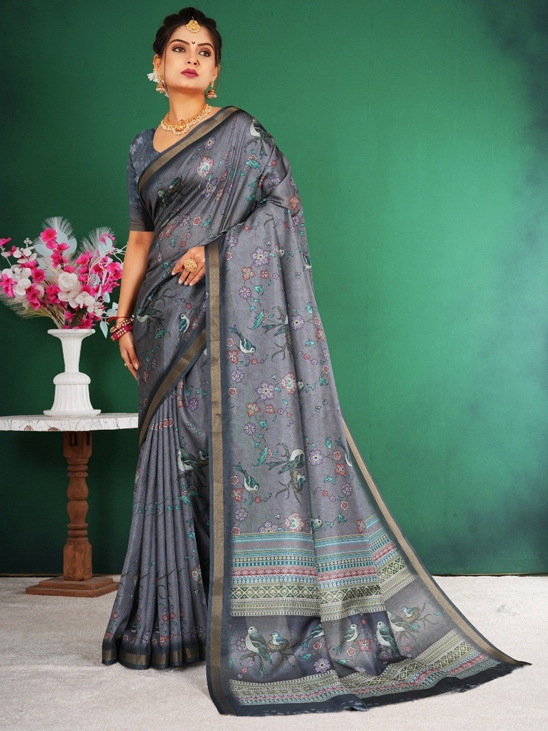 Graceful Grey Floral & Bird Motif Digital Printed Dola Silk Saree With Zari Weaving Border - Image 1