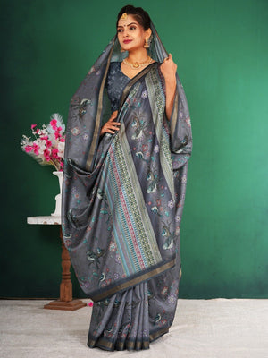 Graceful Grey Floral & Bird Motif Digital Printed Dola Silk Saree With Zari Weaving Border - Image 2