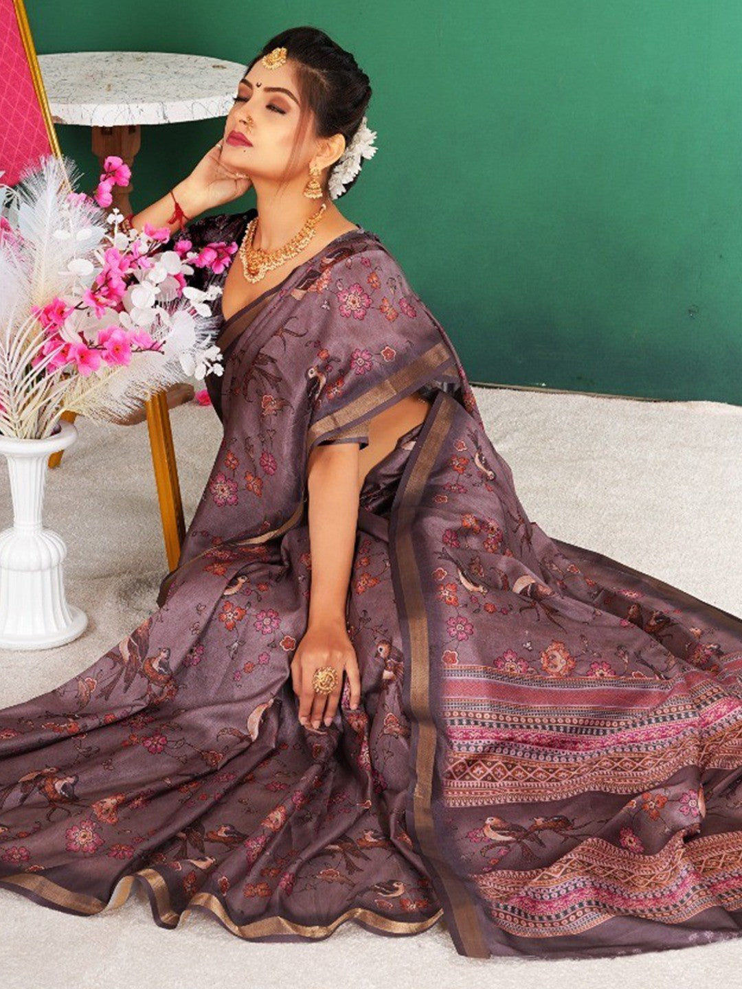 Graceful Mauve Floral & Bird Motif Digital Printed Dola Silk Saree With Zari Weaving Border With Unstitched Dola Silk Blouse Peice - Image 2