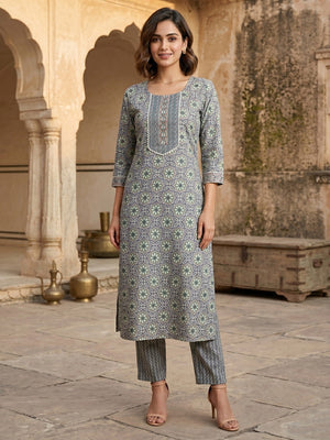 Greyish Blue Geometric Printed Pure Cotton Straight Kurta with Pant Set - Image 1