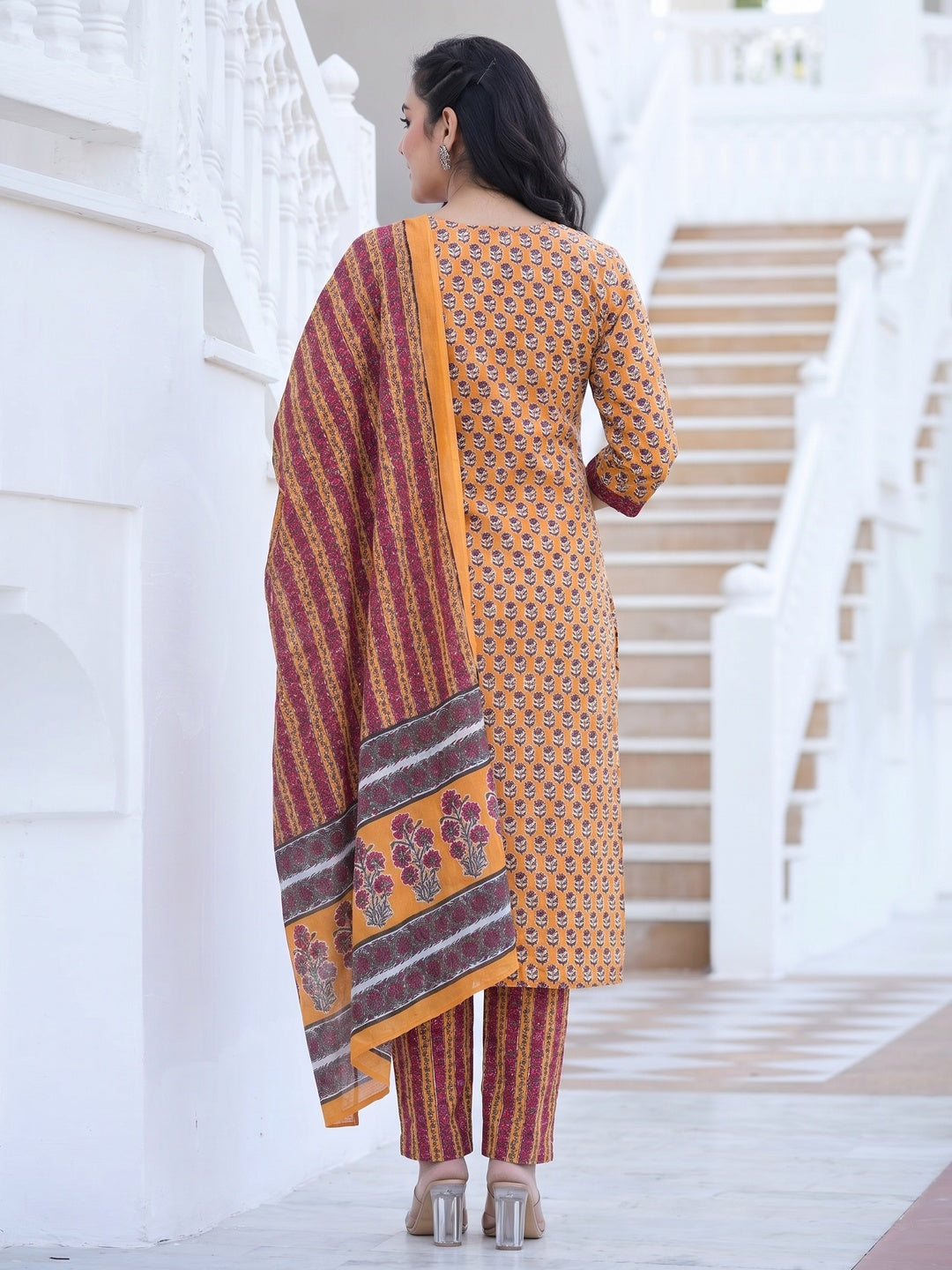 Orange Jaipuri Printed Pure Cotton Suit - Image 1