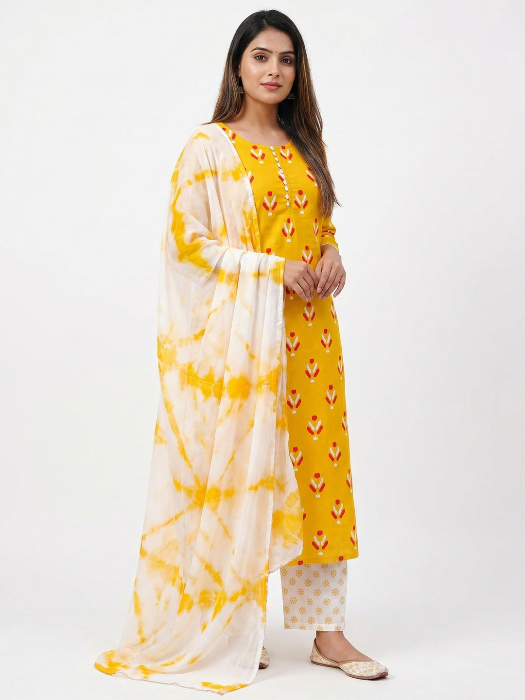 Yellow Ikkat Printed Cotton Blend Dress Material - Image 1