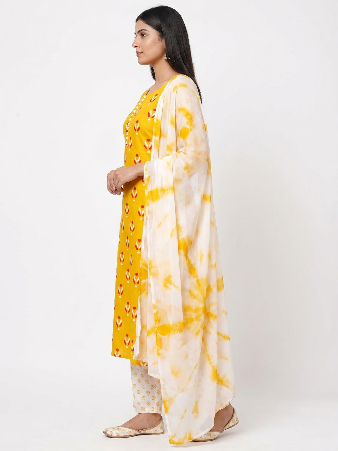Yellow Ikkat Printed Cotton Blend Dress Material - Image 3