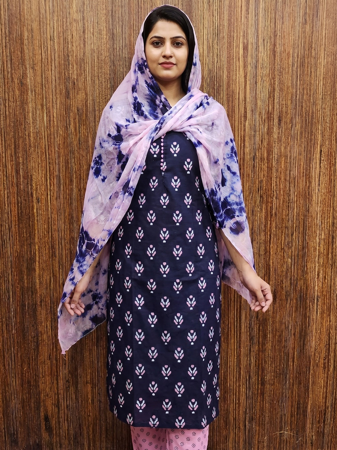 Navy Blue Ikkat Printed Cotton Blend Dress Material - Image 1