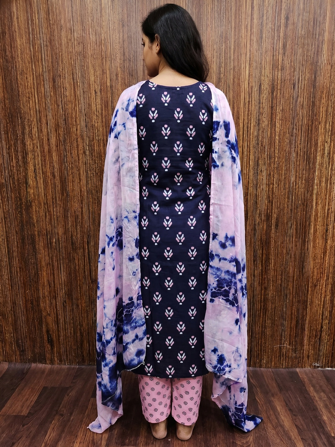 Navy Blue Ikkat Printed Cotton Blend Dress Material - Image 3