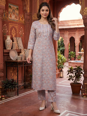 Lavender Floral Printed Pure Cotton Straight Cut Kurta Set - Image 1