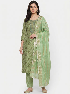 Green Printed With Handwork Modal Dress Material - Image 1