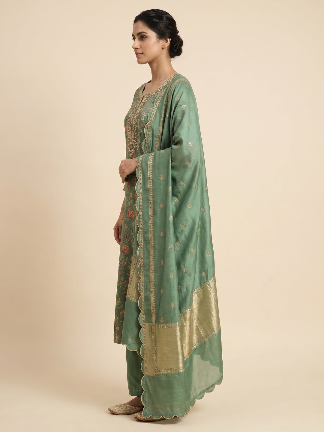Green Printed With Handwork Modal Dress Material - Image 3