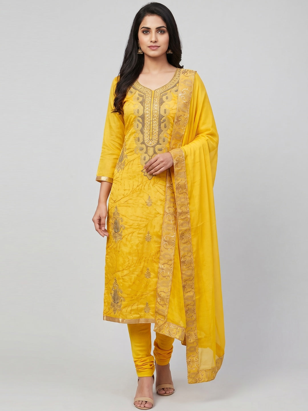 Yellow Handwork Embroidered Modal Dress Material - Image 1