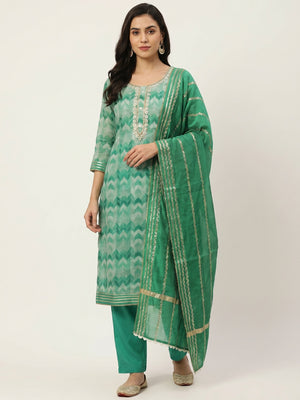 Green Printed With Handwork Modal Dress Material - Image 1
