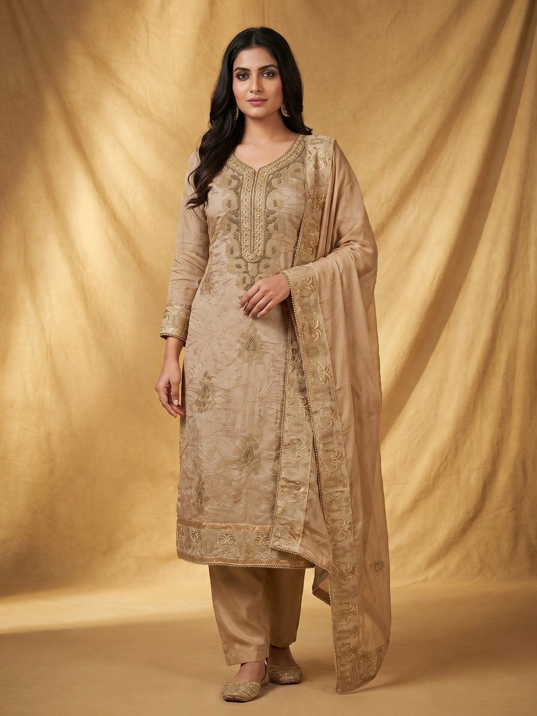 Light Brown Handwork Embroidered Modal Dress Material - Image 1