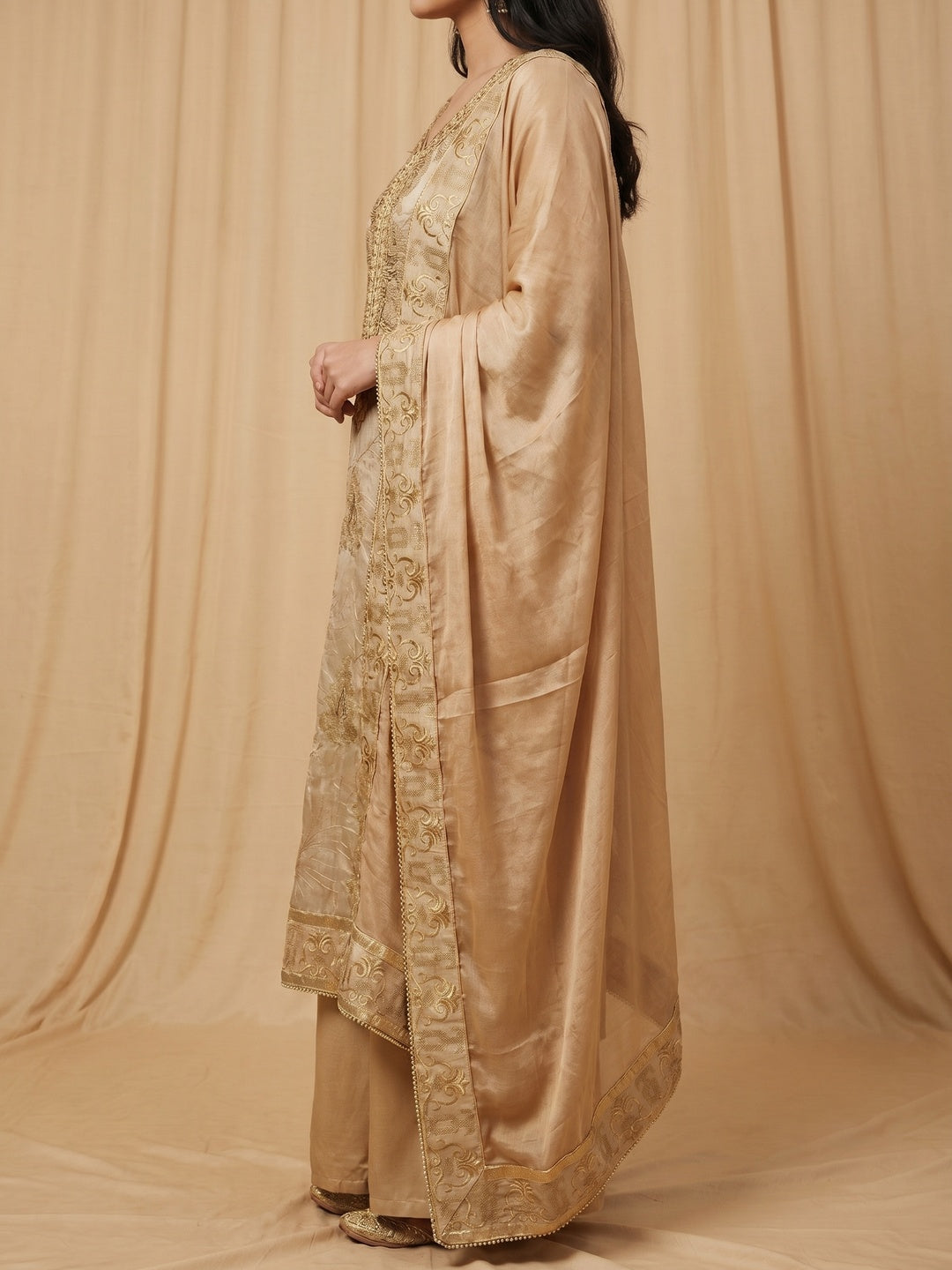 Light Brown Handwork Embroidered Modal Dress Material - Image 3