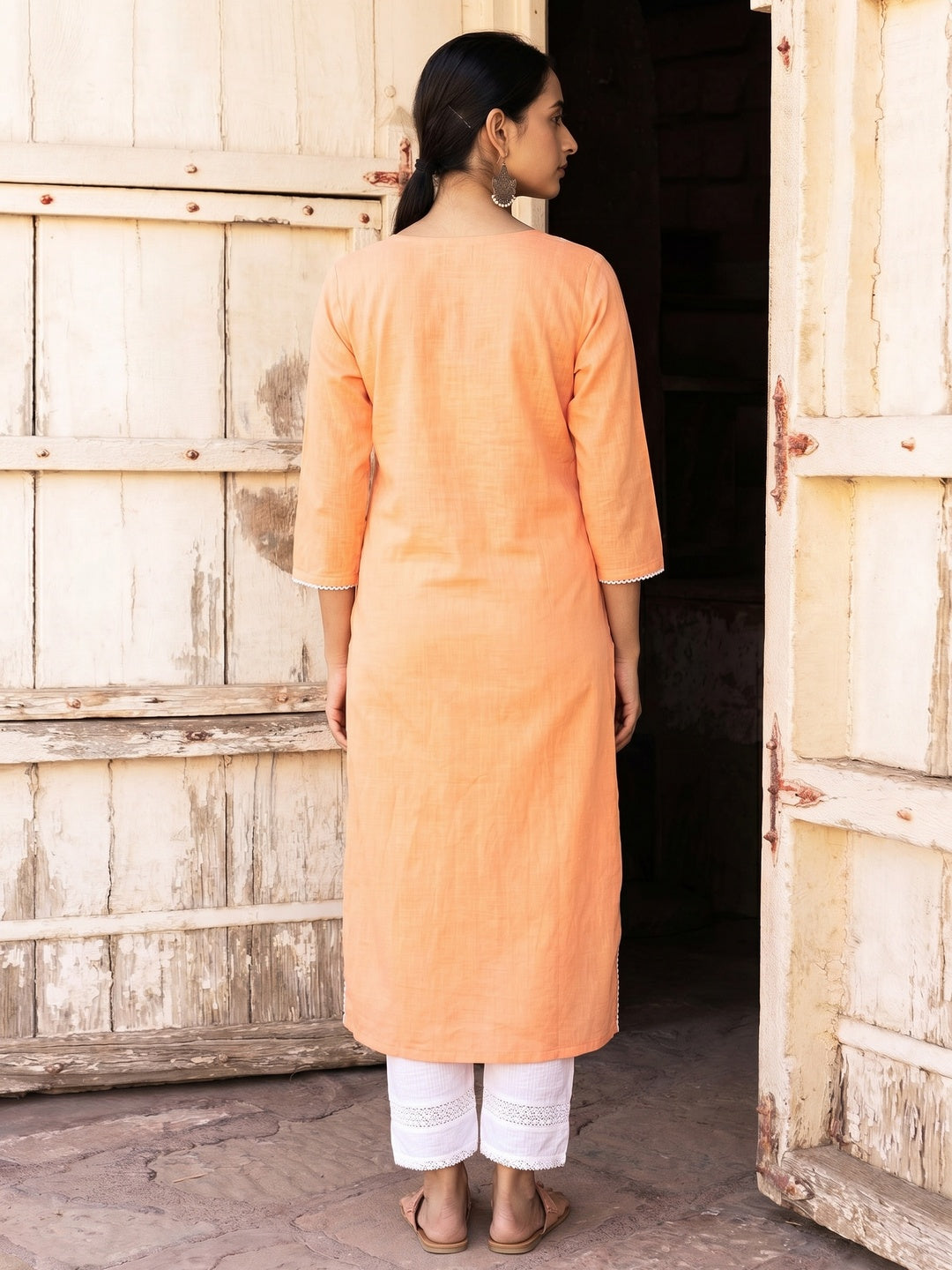 Peach Embroidered Pure Cotton Kurti - Image 1