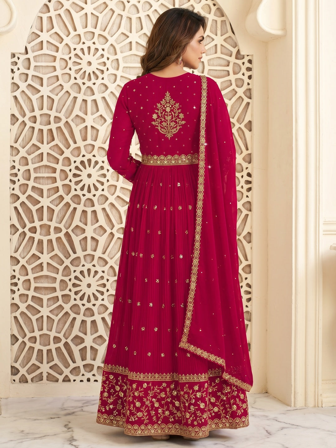 Pink Embroidered Georgette Naira Cut Suit - Image 1