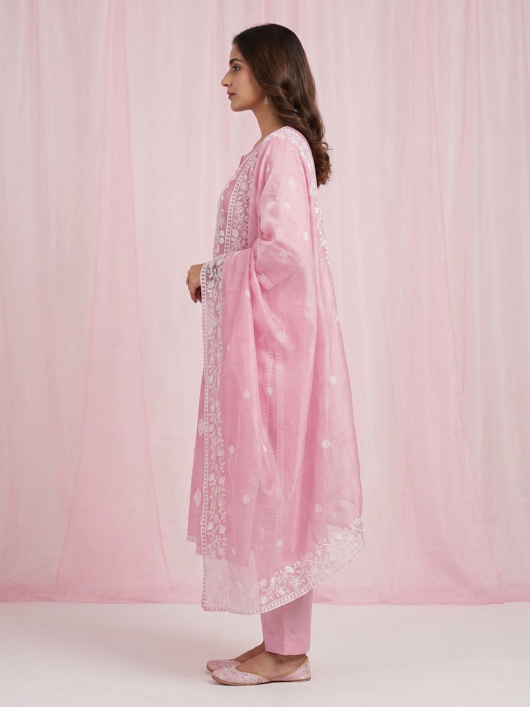 Pink Floral Embroidered Chanderi Dress Material - Image 3