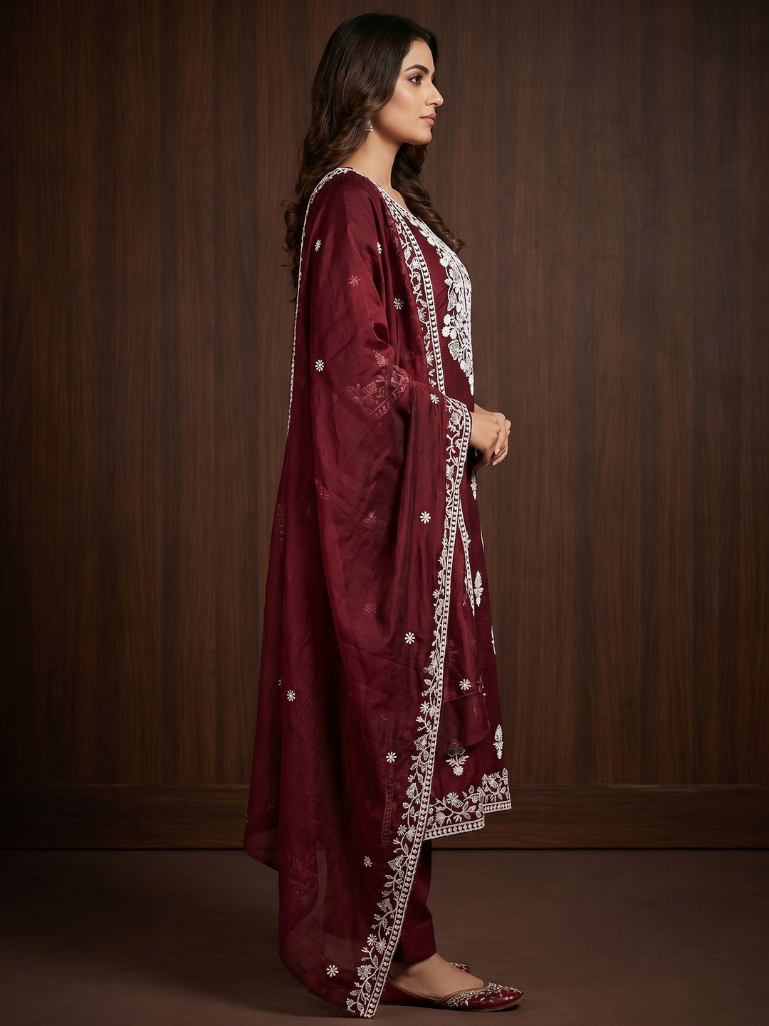 Maroon Floral Embroidered Chanderi Dress Material - Image 2
