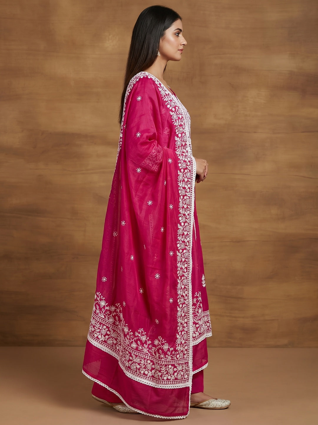 Rani Pink Floral Embroidered Chanderi Dress Material - Image 2