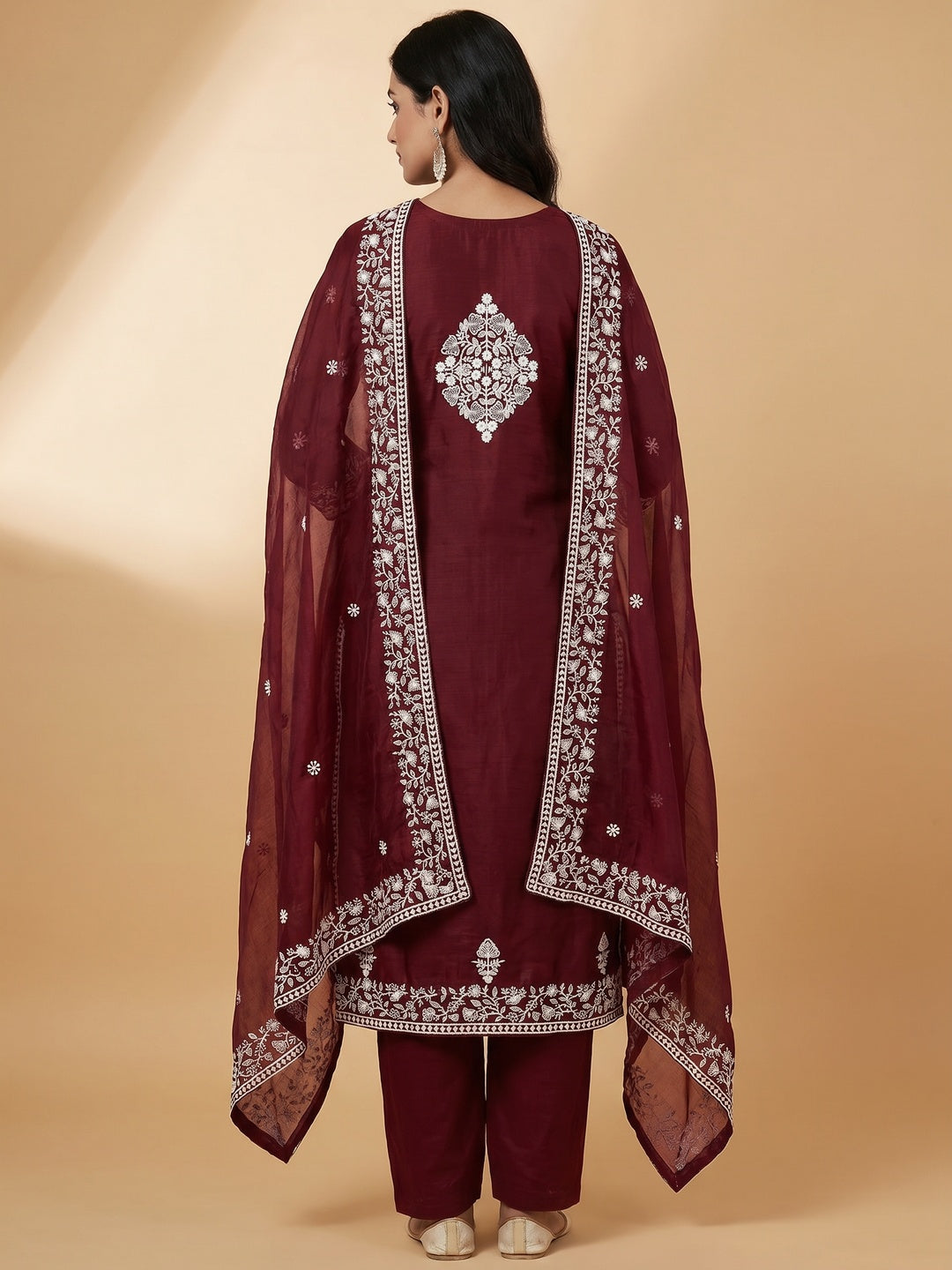 Maroon Floral Embroidered Chanderi Dress Material - Image 3