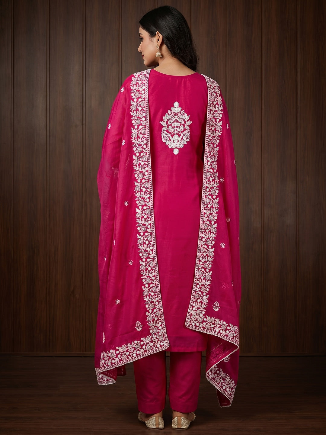 Rani Pink Floral Embroidered Chanderi Dress Material - Image 3