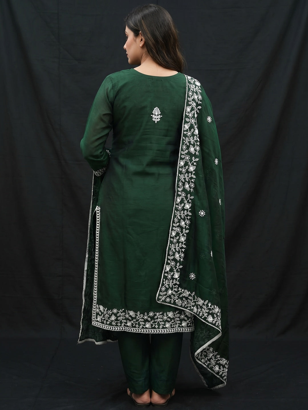Green Floral Embroidered Chanderi Dress Material - Image 3