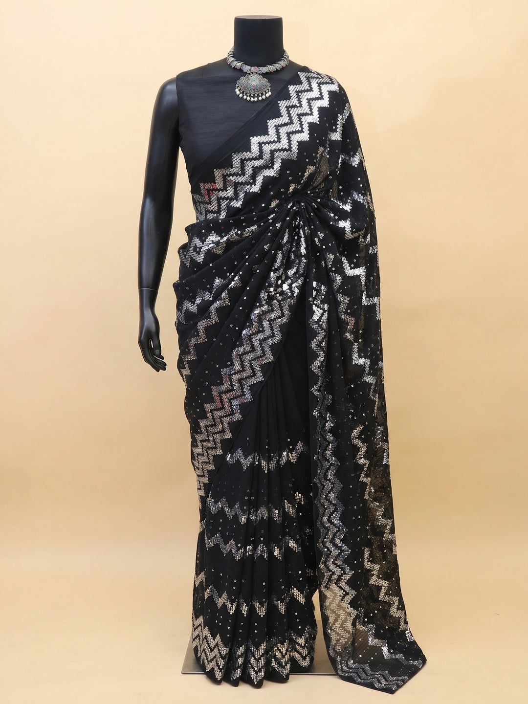 Black Sequins Embroidered Georgette Saree - Image 3