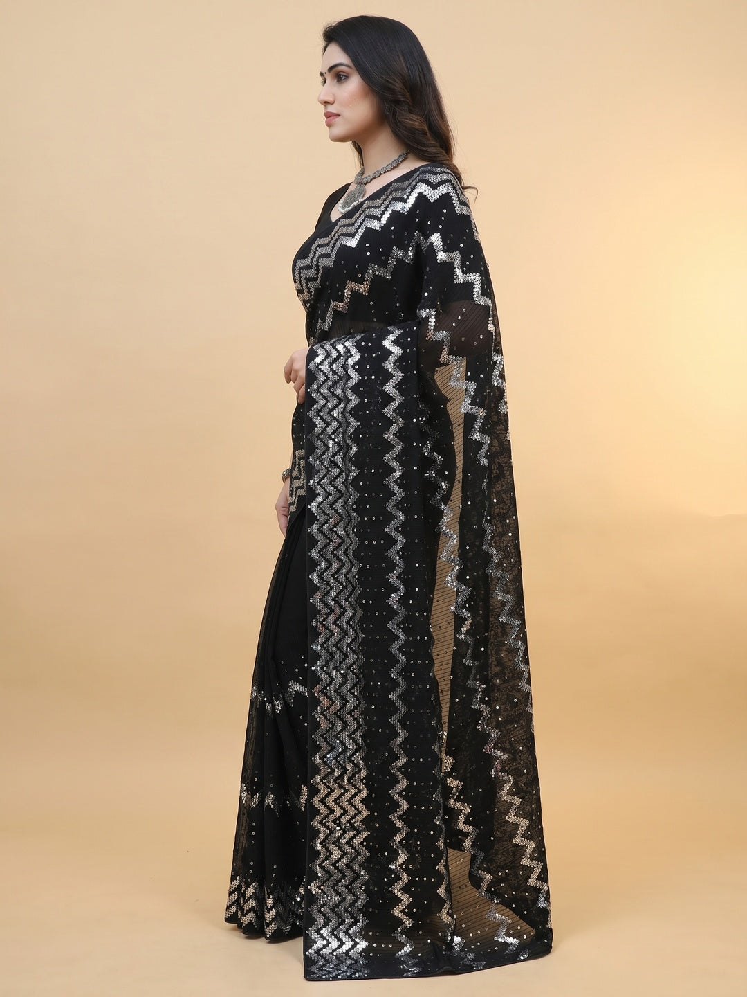 Black Sequins Embroidered Georgette Saree - Image 1