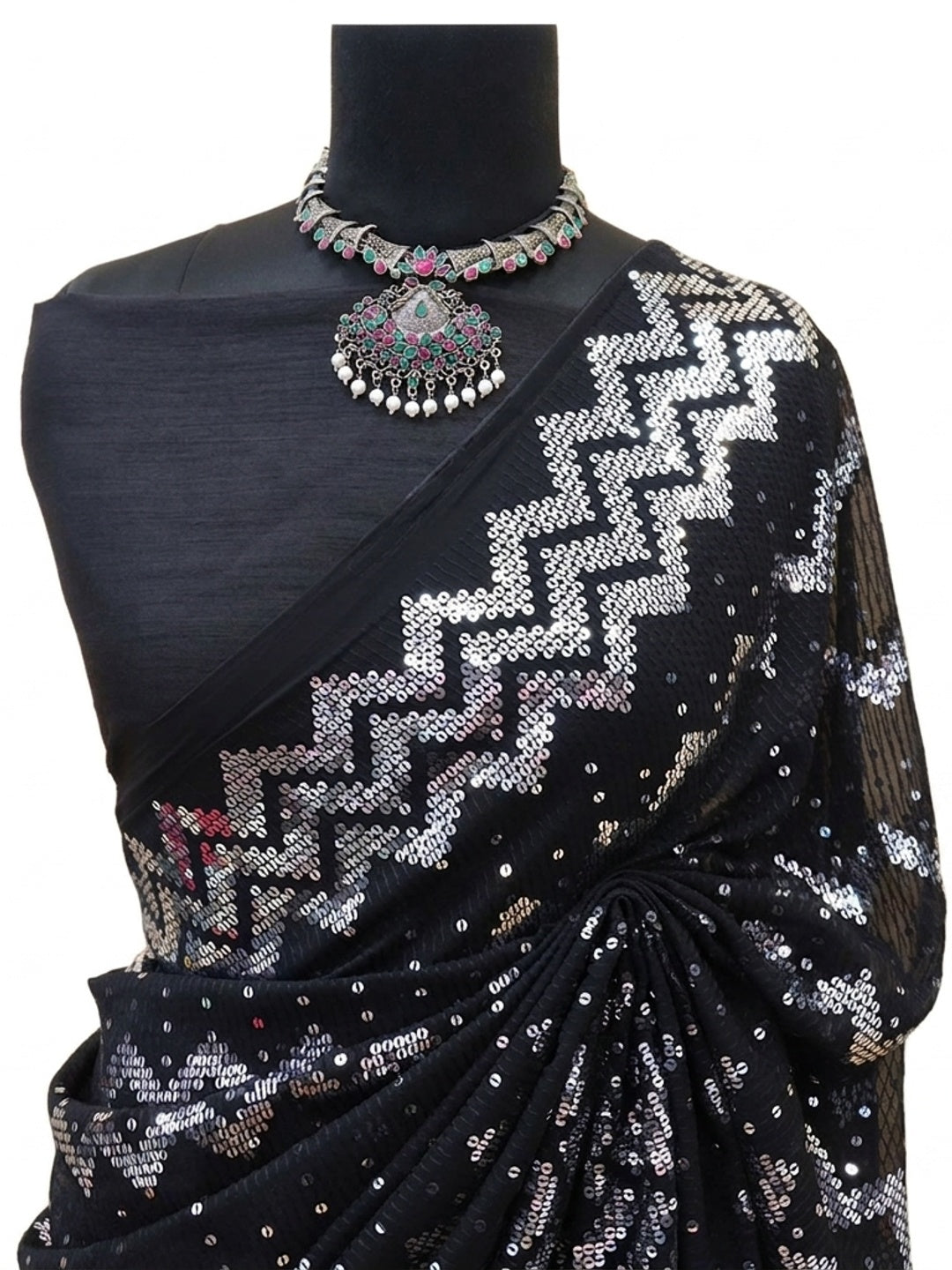 Black Sequins Embroidered Georgette Saree - Image 4