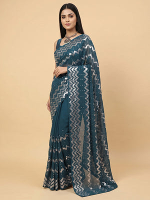 Morpich Sequins Embroidered Georgette Saree - Image 1