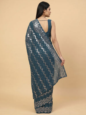 Morpich Sequins Embroidered Georgette Saree - Image 2