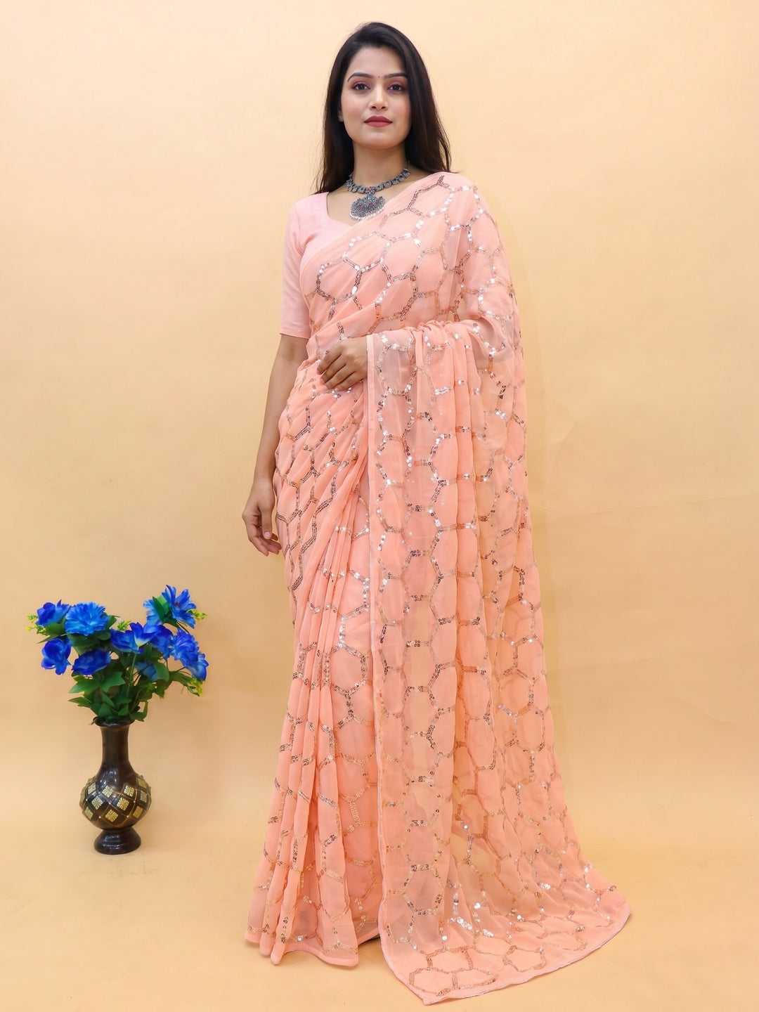 Peach Sequins Embroidered Georgette Saree - Image 1