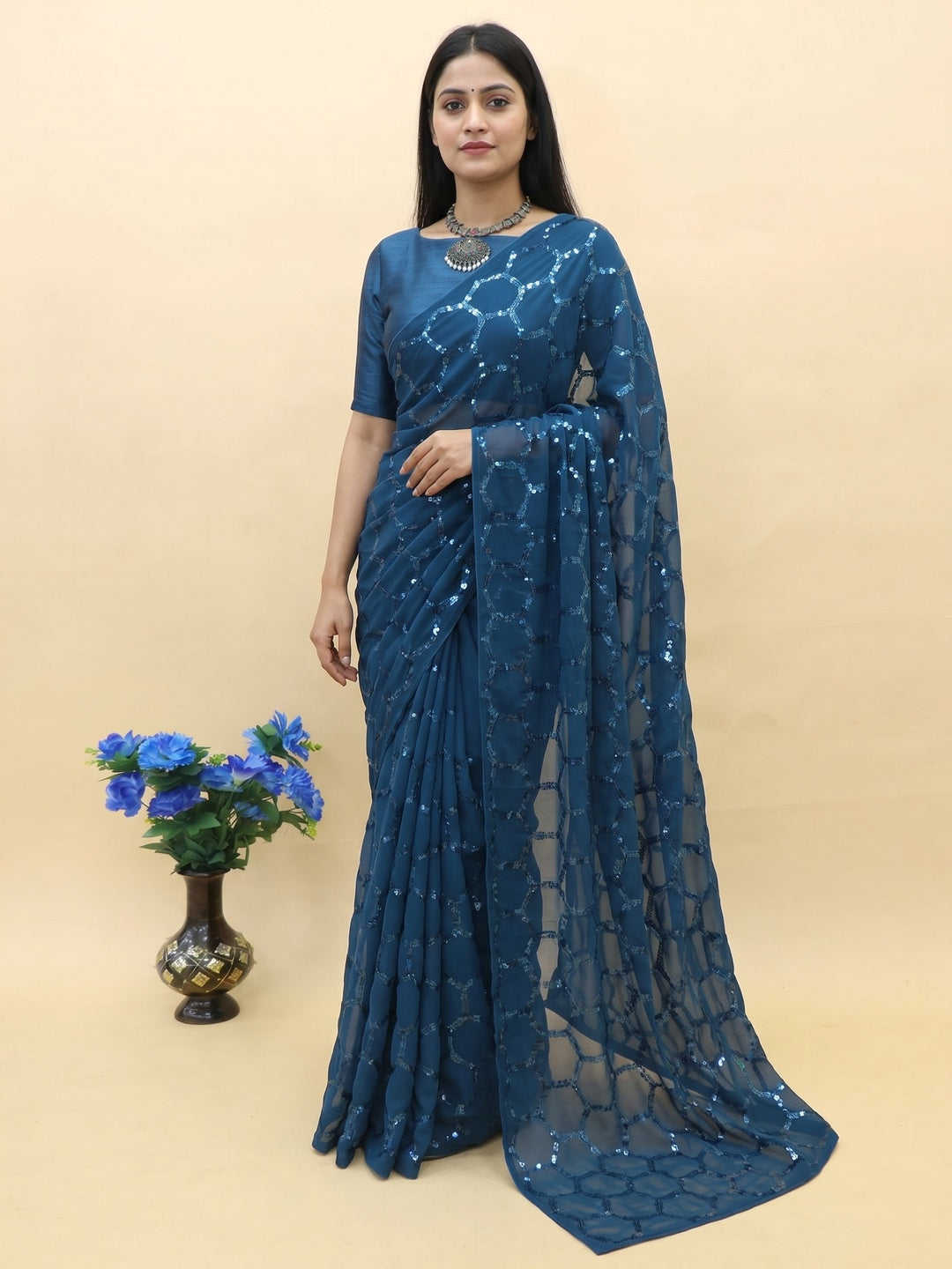 Morpich Sequins Embroidered Georgette Saree - Image 1