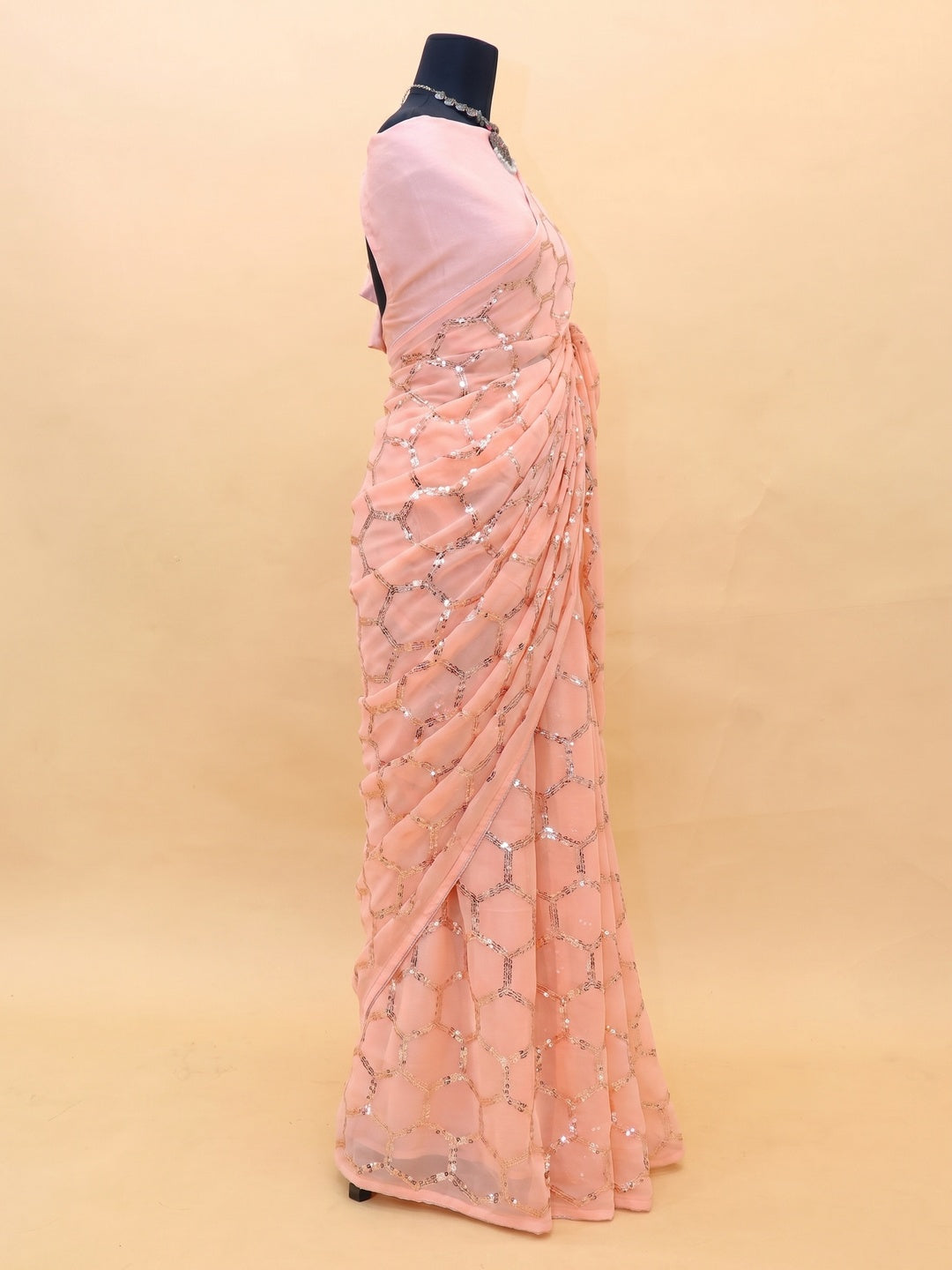 Peach Sequins Embroidered Georgette Saree - Image 2