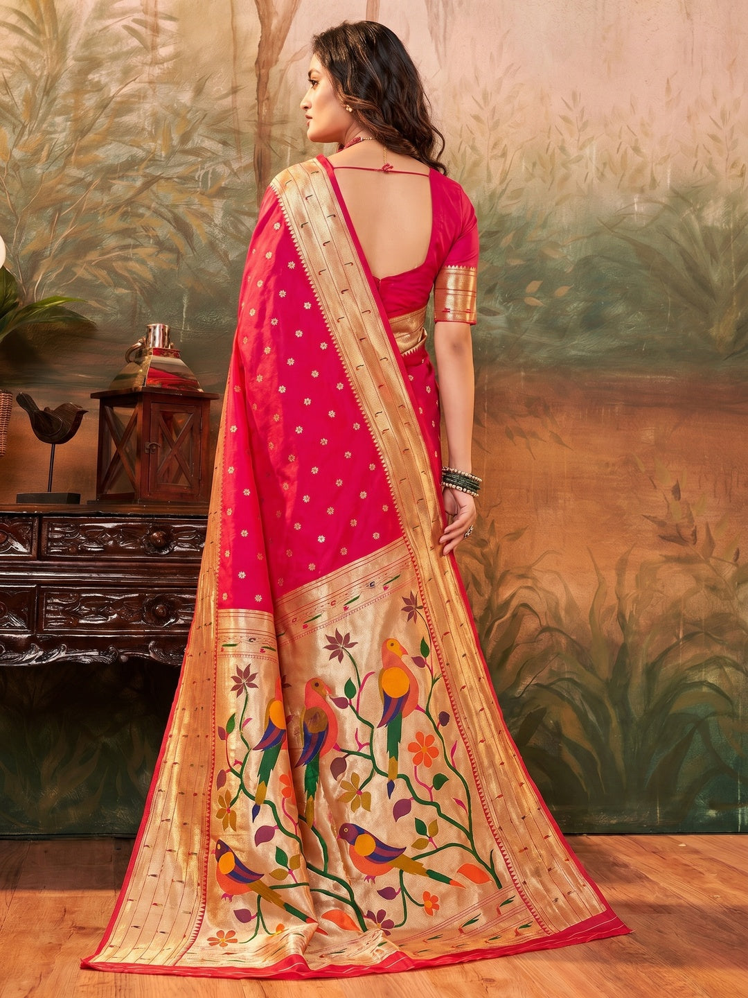 Pink Woven Paithani  Pure Silk Saree - Image 1