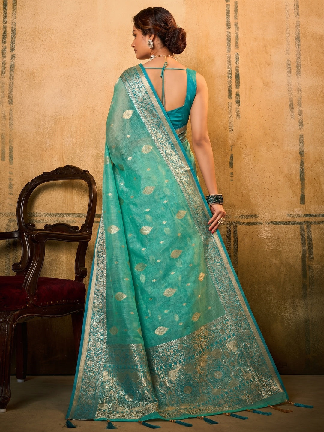 Turquoise Woven Tissue Saree - Image 1