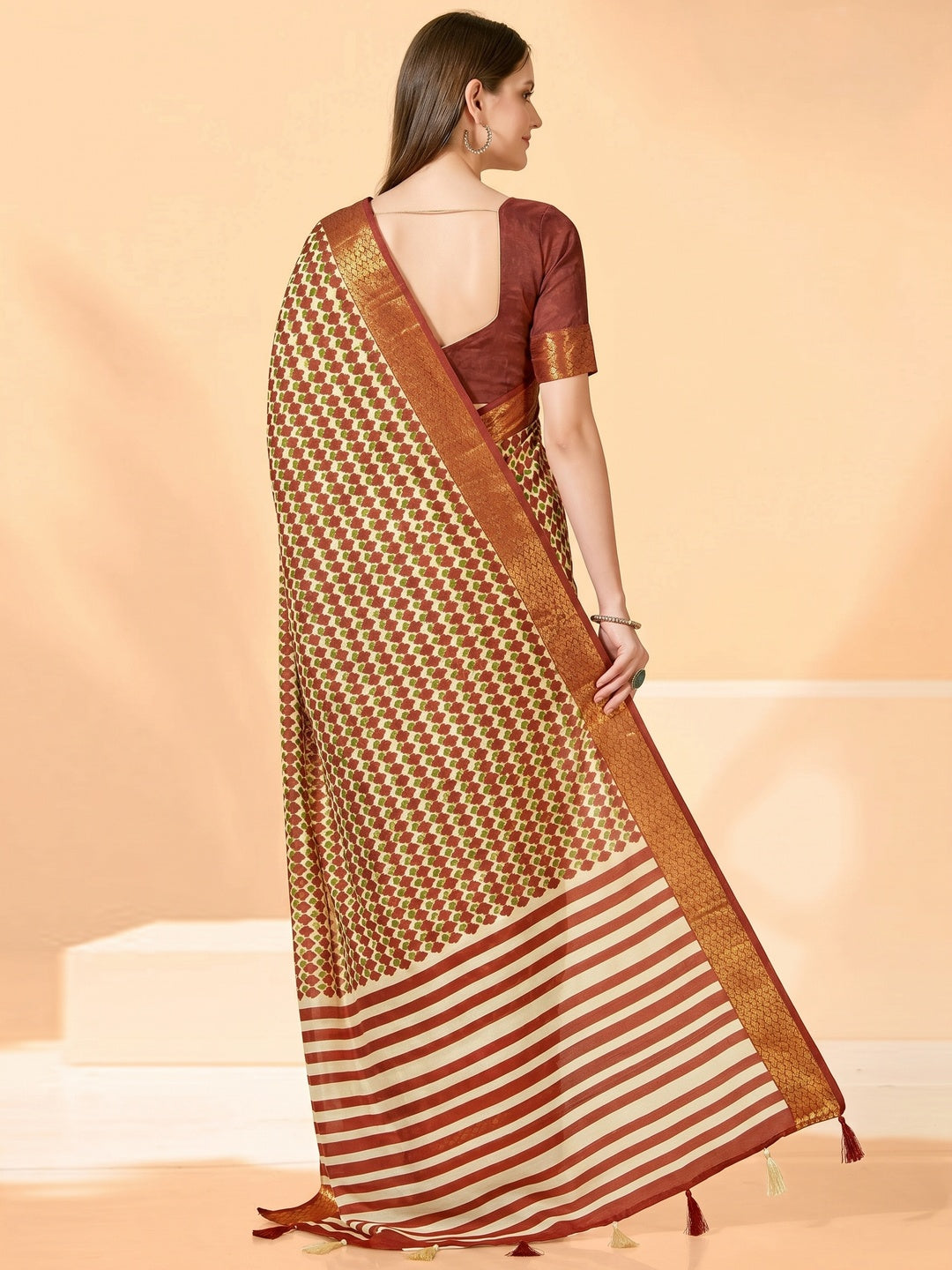 Maroon Printed Dola Silk Saree With Tassels - Image 1