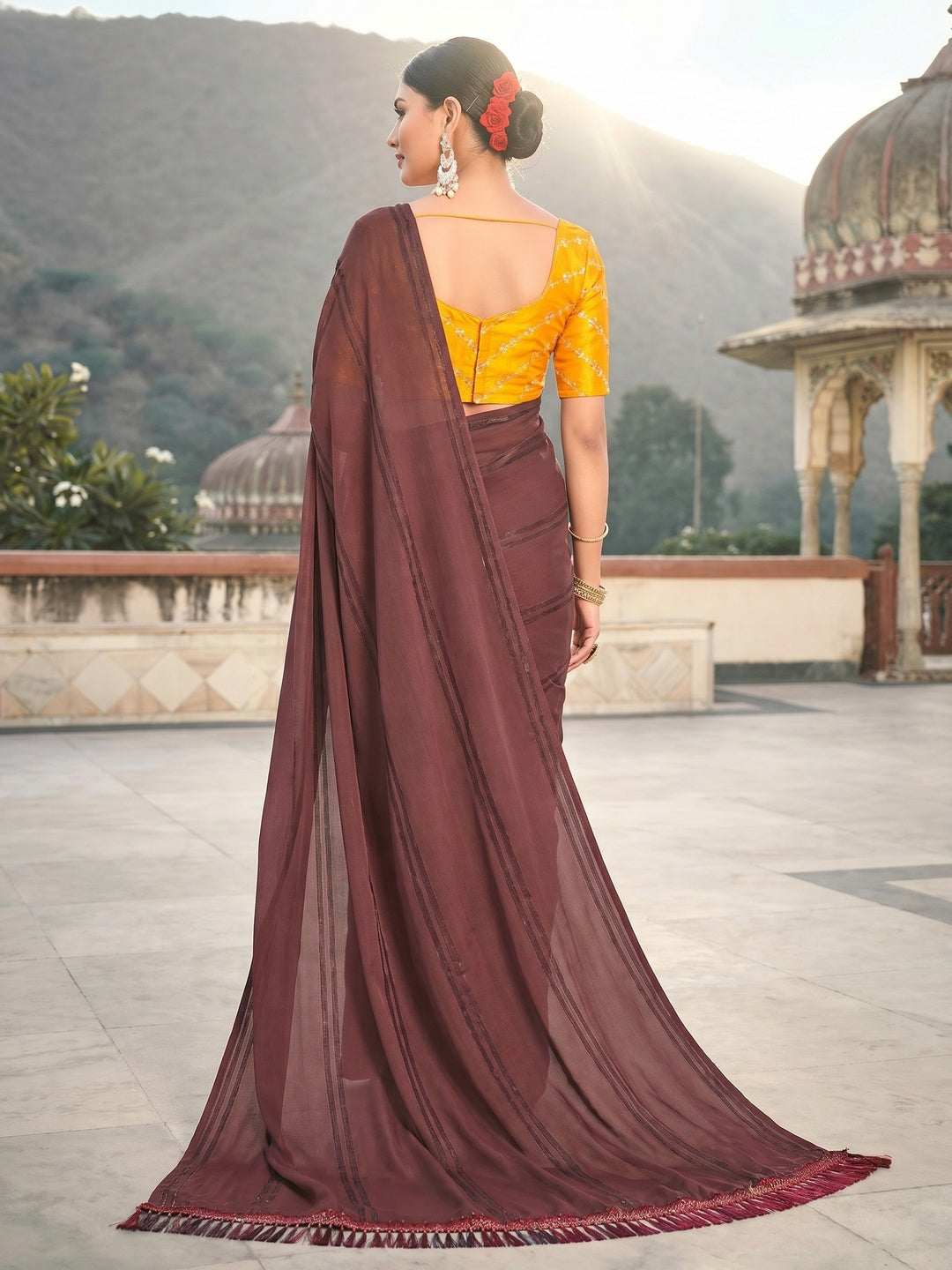 Brown Printed Georgette Saree With Tassels - Image 1