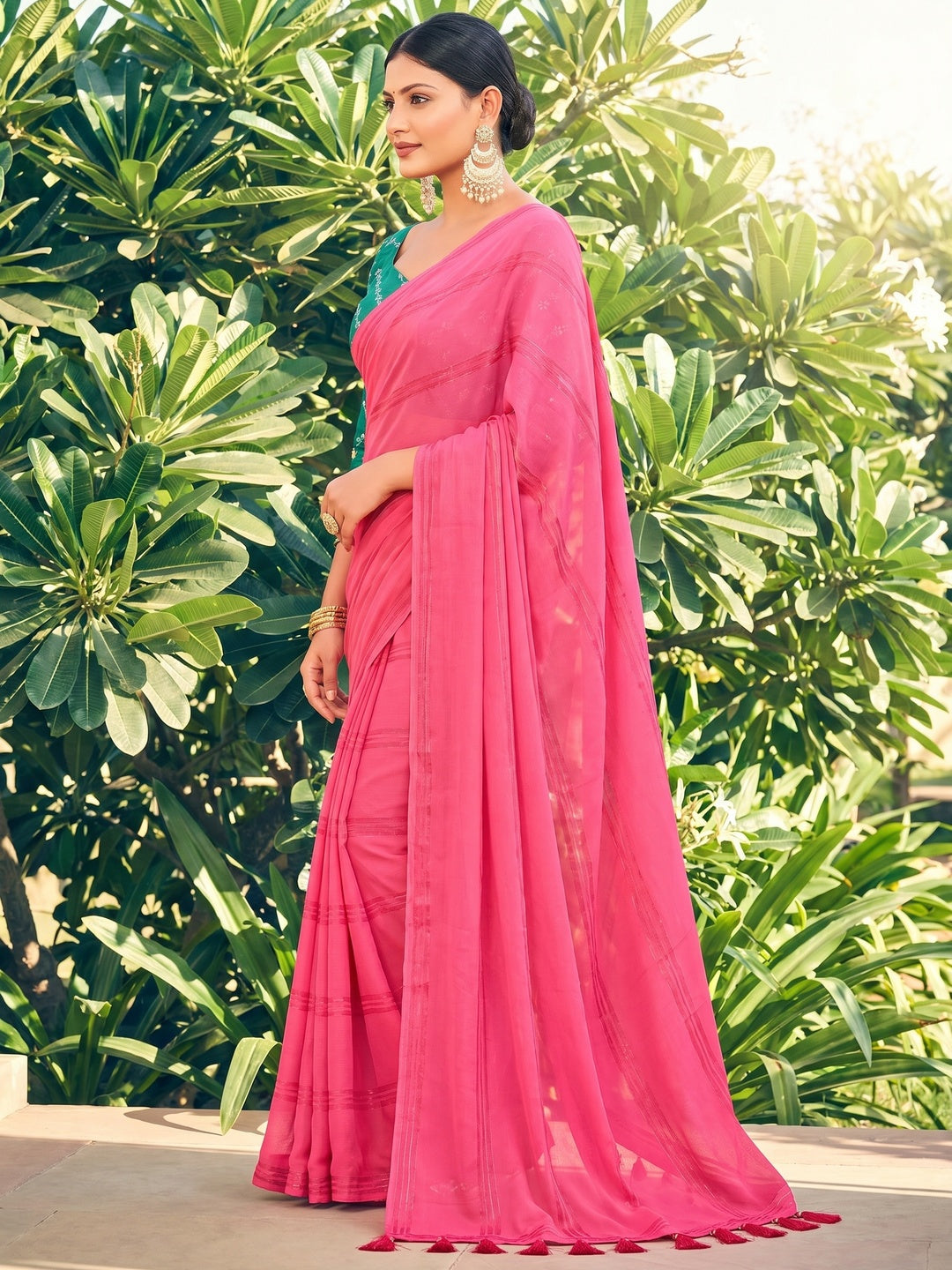 Pink Printed Georgette Saree With Tassels - Image 1
