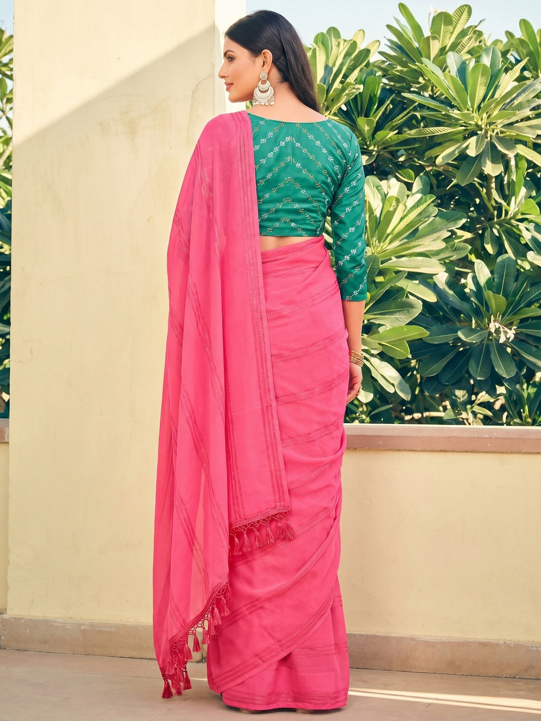 Pink Printed Georgette Saree With Tassels - Image 2