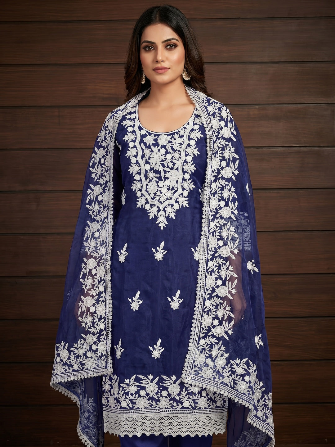 Blue Floral Embroidered Organza Dress Material - Image 1