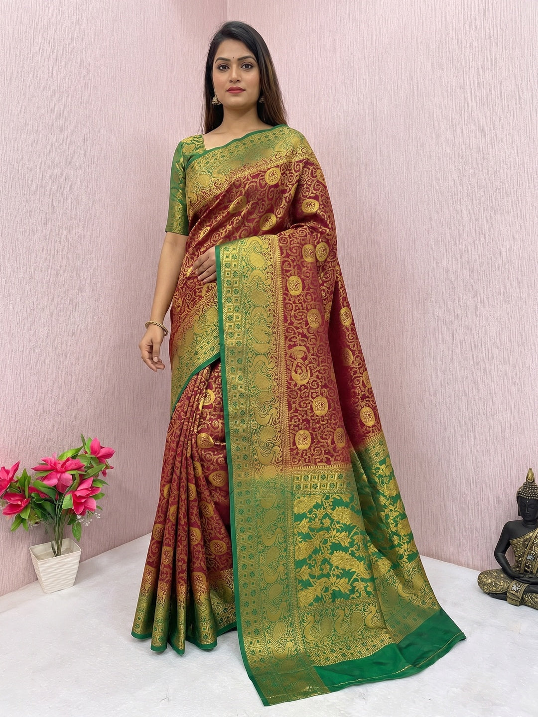 Maroon Woven Banarasi Silk Saree - Image 2