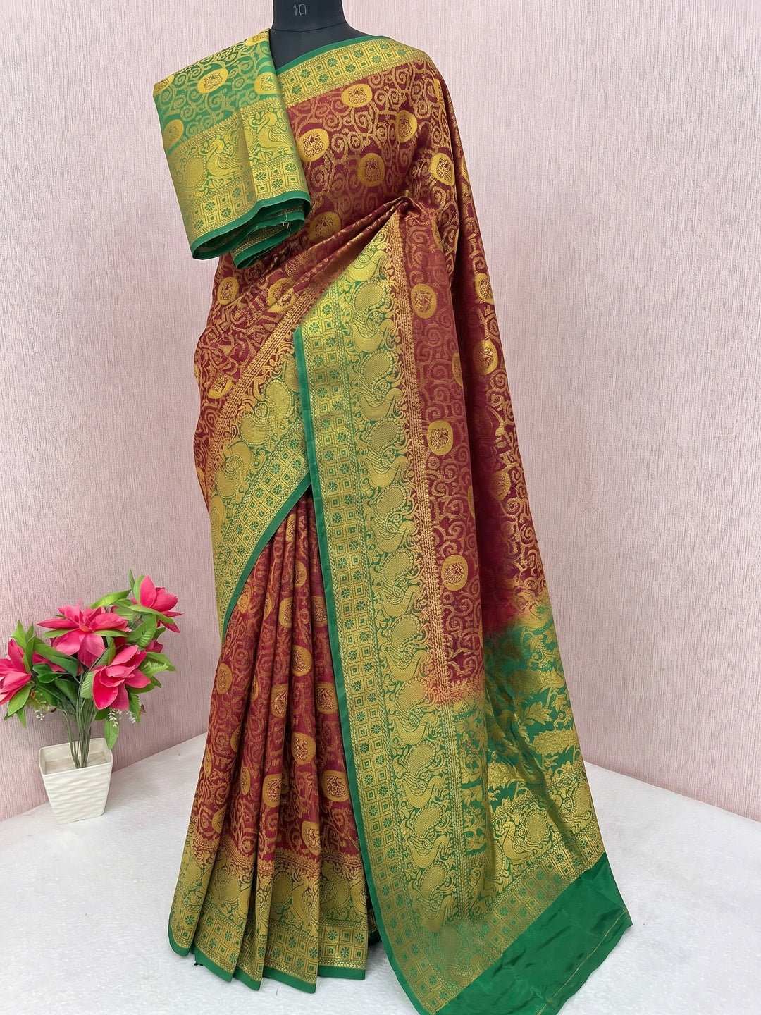 Maroon Woven Banarasi Silk Saree - Image 1