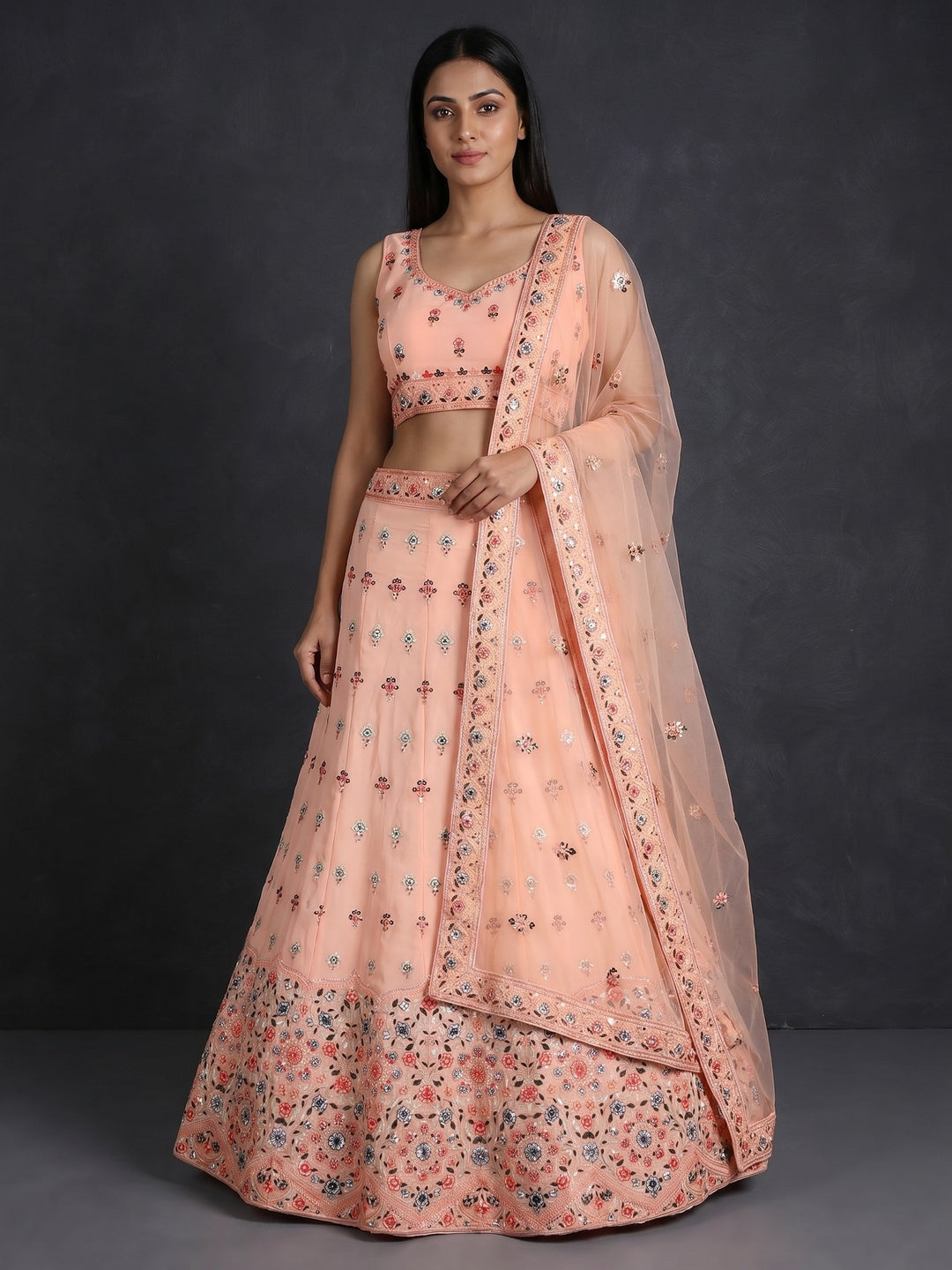 Peach Sequins Embroidered Georgette Lehenga Choli - Image 1