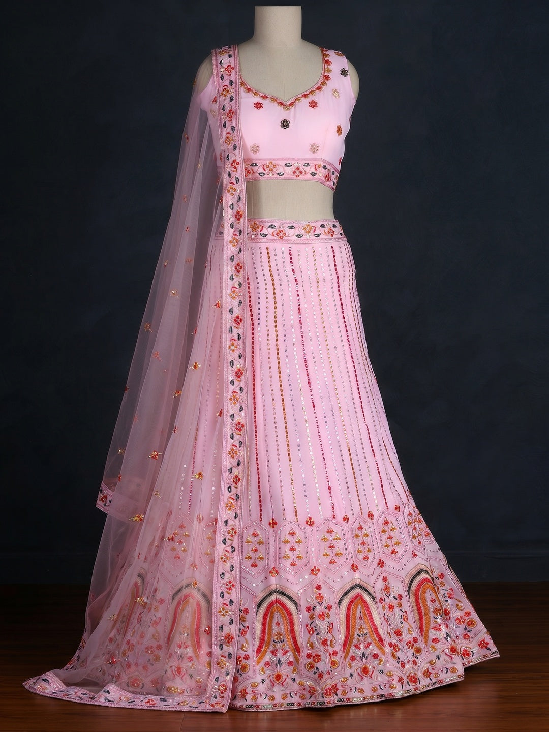 Pink Sequins Embroidered Georgette Lehenga Choli - Image 1