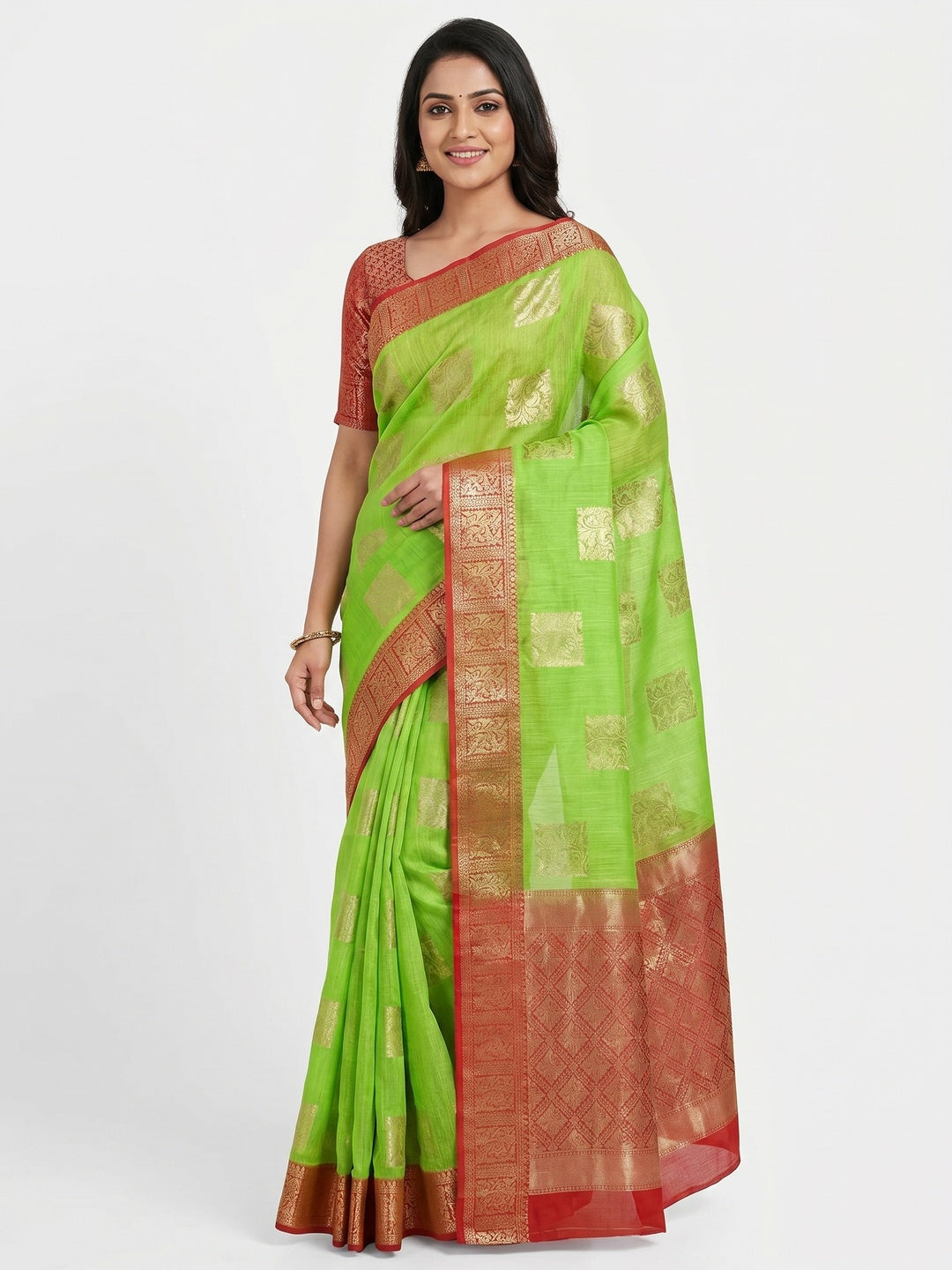 Green Woven Linen Saree With Tassels - Image 1