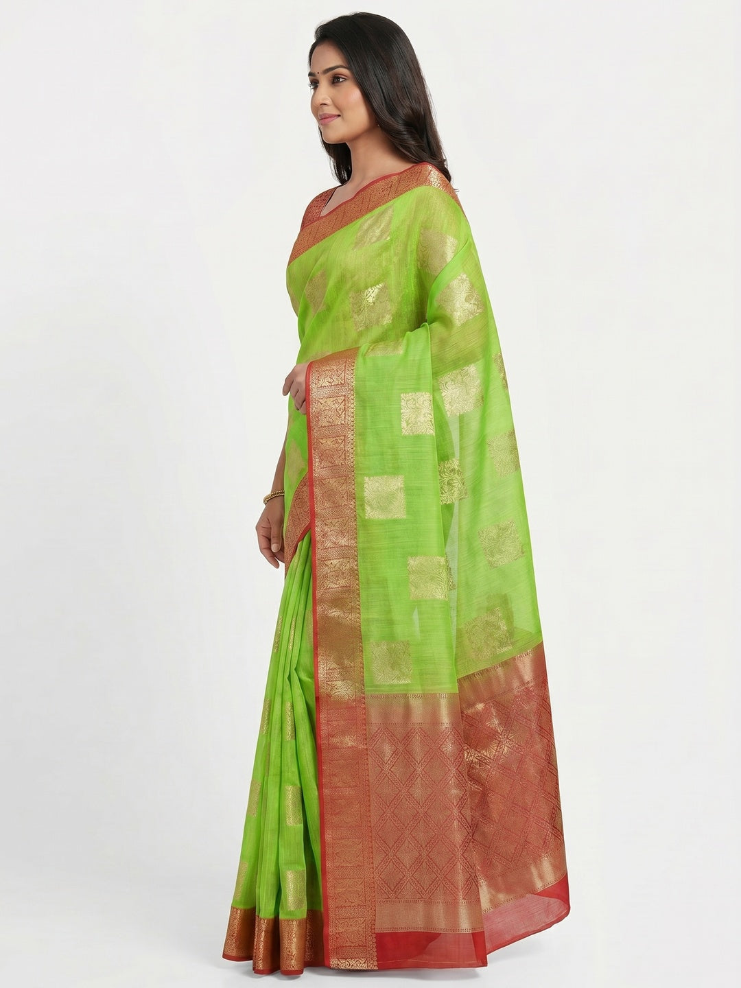 Green Woven Linen Saree With Tassels - Image 2