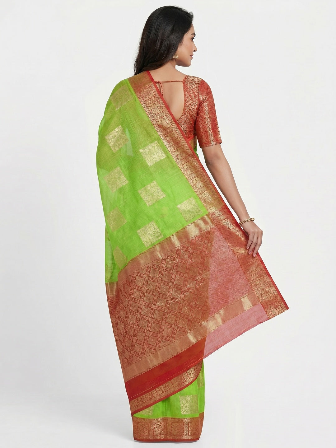 Green Woven Linen Saree With Tassels - Image 3