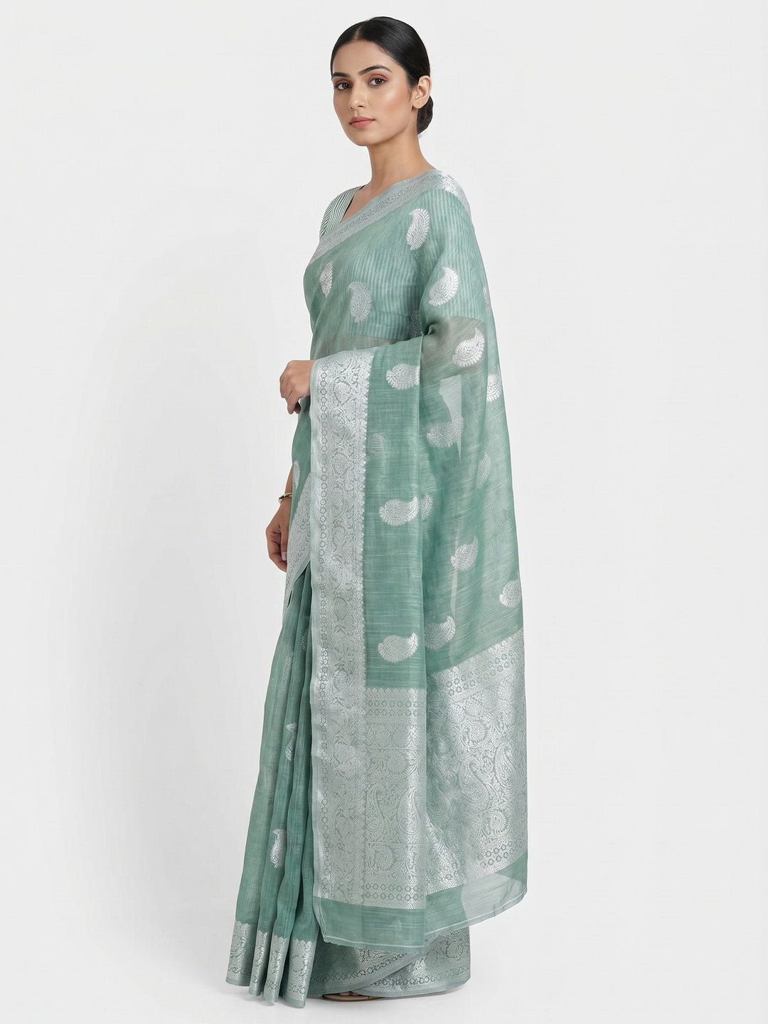 Green Woven Linen Saree - Image 2