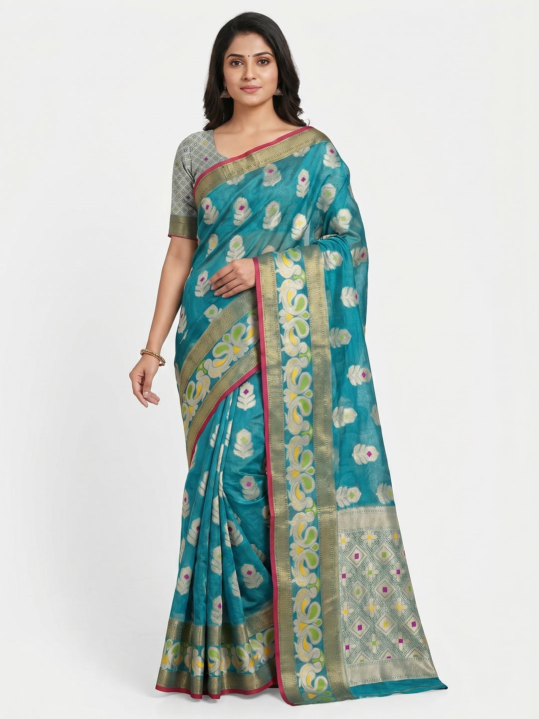 Rama Blue Woven Jacquard Saree - Image 1